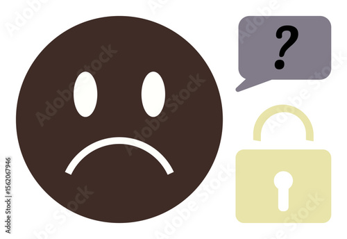 Frowning face, speech bubble with question mark, and closed lock. Ideal for security, confusion, privacy, emotion, problem-solving data protection access denial. Simple flat metaphor