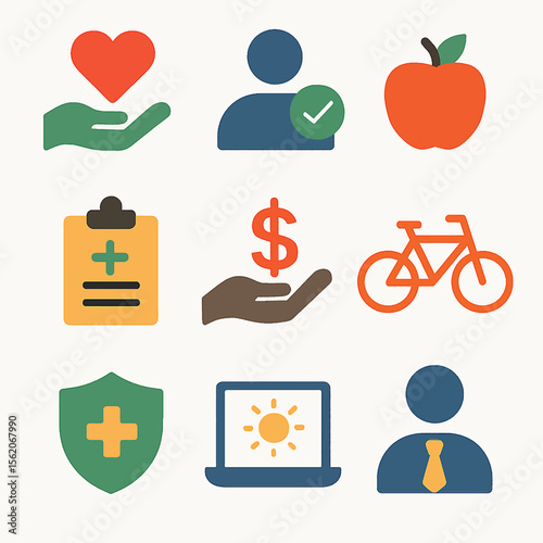 Diverse wellness and well being icons illustration representing healthy lifestyle choices