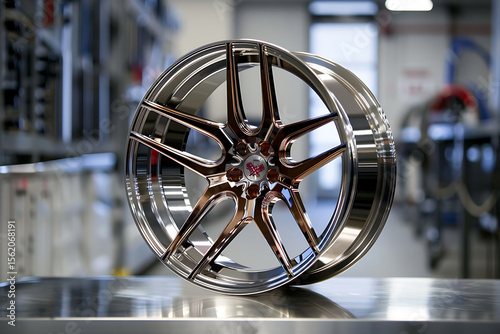 Detailed and modern chrome alloy wheel for automobiles with polished metallic finish