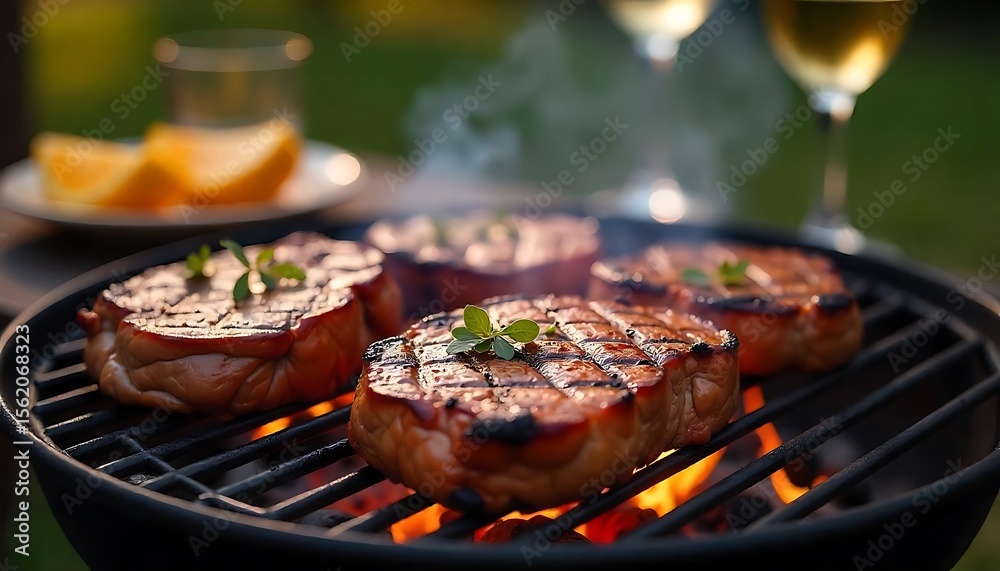 Fototapeta premium Juicy Grilled Steaks on the BBQ with Wine – Ideal for Summer PartiesPerfect Summer BBQ Spread with Grilled Steaks and Red Wine PairingSizzling BBQ Steaks with Wine – Ultimate Summer Party FeastD