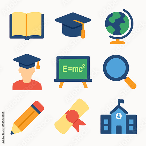 Education vector icons set featuring graduation cap, book, globe, and scientific formula