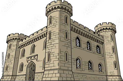 Historical Architecture Castle Design Set Featuring Towers Gates and Stone Walls. Medieval Castle Illustration Collection for Education Travel and Heritage Projects. Classic European Castle Design
