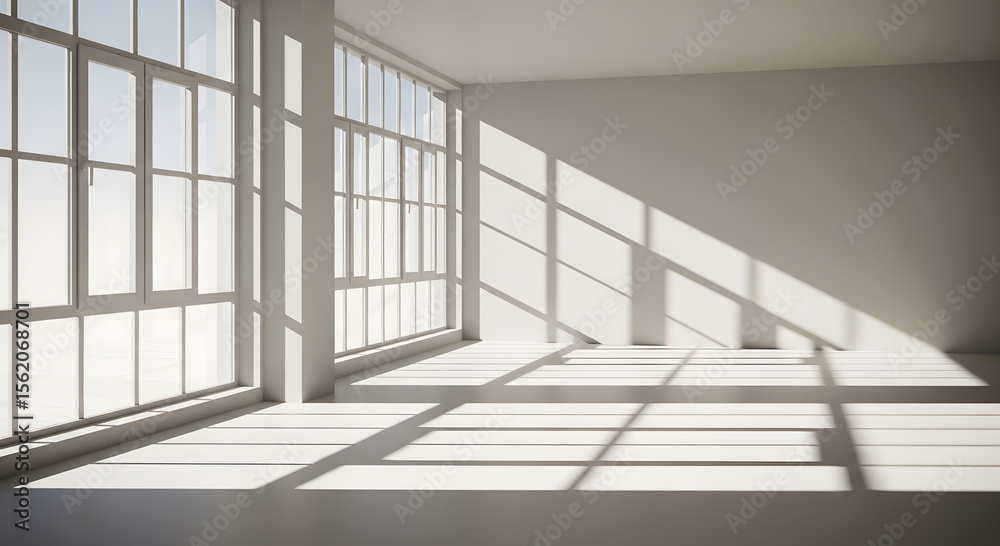 Obraz premium Empty modern room with large windows and dramatic sunlight casting shadows