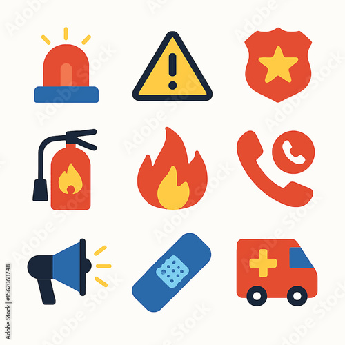 Emergency services vector icons representing various safety and assistance elements
