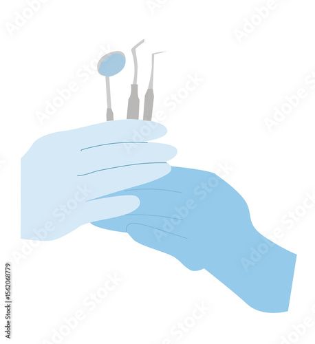 hand holding dental tools. hands in sterile gloves holding dental drill and mouth mirror. 