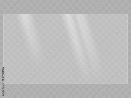 The texture of rectangle glass with glare from sunlight. Light effect for a picture, frame or a window. Realistic reflection on a vector illustration.