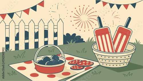 Festive Summer Backyard Picnic with Patriotic Popsicles, Berries, and Fireworks Illustration