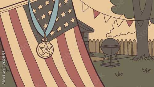 Patriotic Backyard BBQ Celebration with American Flag and Medal Illustration