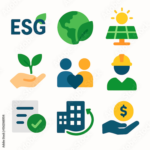 Environmental social governance ESG vector icons illustrating sustainability practices