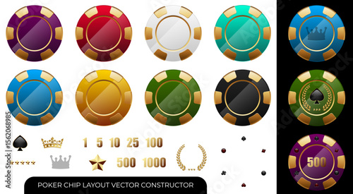 Colorful vector set of poker chips in various colors with gold details, numeric values, icons, and editable design elements. Ideal for casino, gambling, or card game design projects