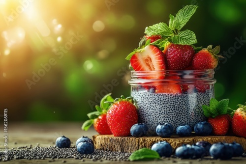 Chia Pudding with Fresh Berries in Glass Jar
