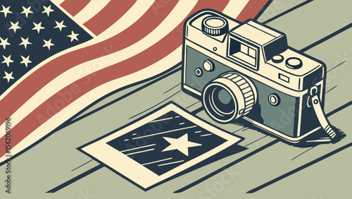Vintage Camera, Star Photo, and American Flag on Wood Table - Patriotic Photography Concept