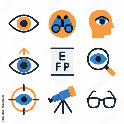 Eye vision care with eyesight test chart and ophthalmology icons vector art