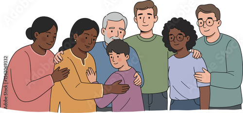 Family Support: Parents and Friends Comforting, Hugging in Warm Emotional Group Scene – Unity and Togetherness