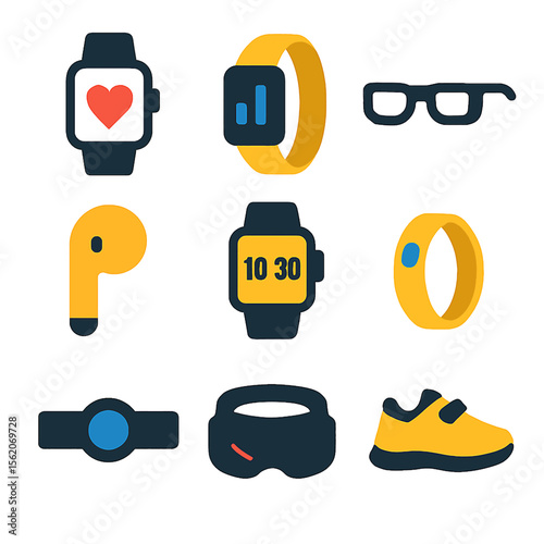 Fitness Technology Vector Set Featuring Smartwatches, Earbuds, and Running Shoes