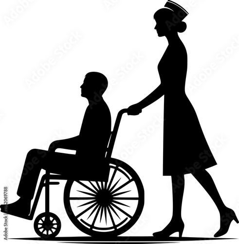 Silhouette of nurse pushing a wheelchair with patient
