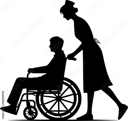 Silhouette of nurse pushing a wheelchair with patient
