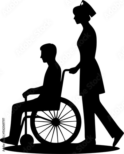Silhouette of nurse pushing a wheelchair with patient

