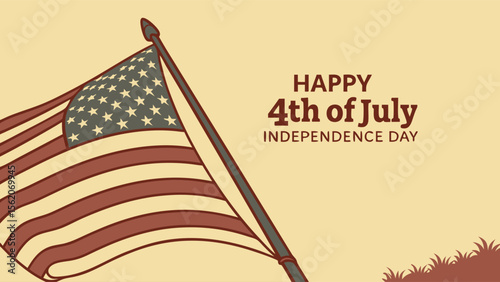 Happy 4th of July Independence Day with American Flag Illustration in Vintage Style