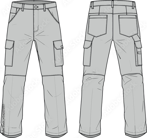 Cargo pants flat sketch, front and back technical view, detailed cad vector, fashion illustration, pocket design, utility wear drawing