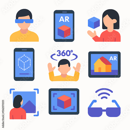Flat vector illustration showcasing augmented reality technology and 360 degree view