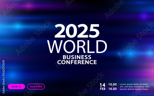 A futuristic banner template for a world business conference or webinar. This landing page design features an abstract dark background with blurred horizontal light streaks in blue and purple.