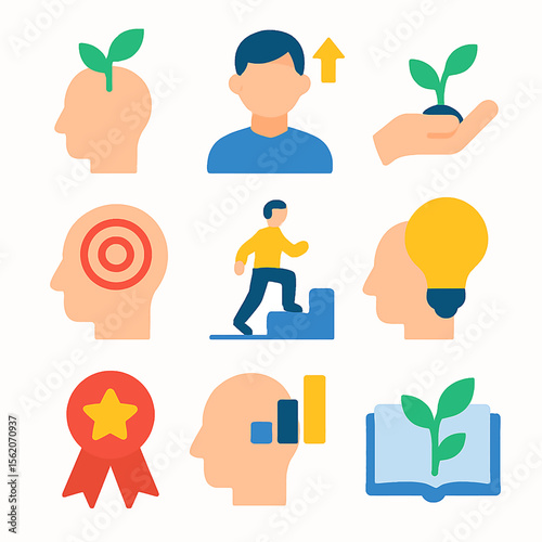 Growth mindset and success icons showcasing personal development strategies