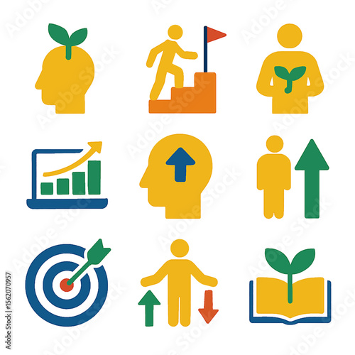 Growth mindset icons set representing personal development and business success