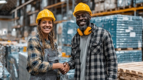 Two smiling warehouse workers shaking hands in a busy storage facility with pallets in background