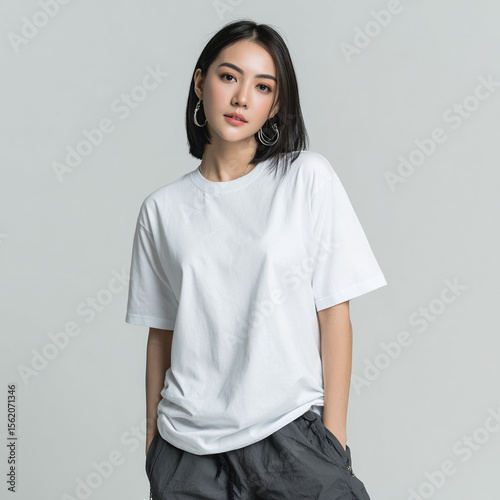 A beautiful female model wearing a white t-shirt. A product shot for fashion and apparel. best use for mockup.