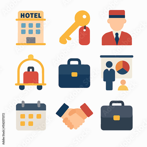 Hotel services and business travel vector illustration featuring key, employee, and calendar