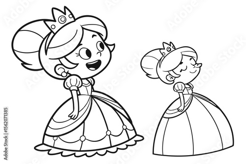 coloring page for kids, a cute cartoon princess in a beautiful ball gown, smiling friendly, simple bold outlines, clean line art, black and white, white background