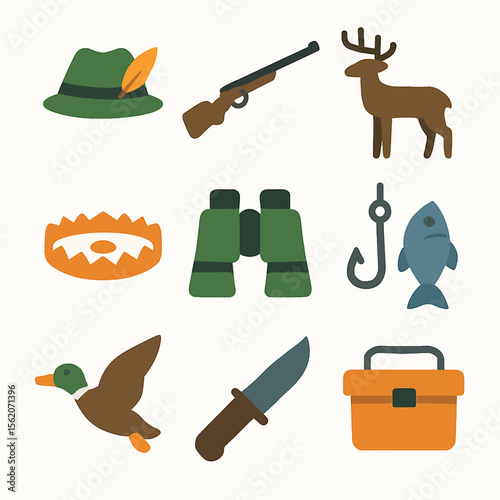 Hunting and Fishing Illustration Featuring Common Tools and Wildlife Animals