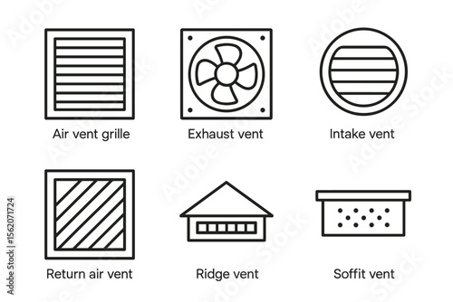 Air vent types: grille, exhaust, intake, return, ridge, soffit vector icon isolated illustration