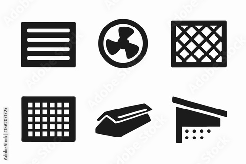 Set of black ventilation icons: grill, fan, grid, airflow, duct vector icon isolated illustration