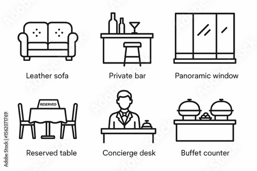 Hotel amenities icons: leather sofa, private bar, panoramic window, reserved table, concierge desk vector icon isolated illustration