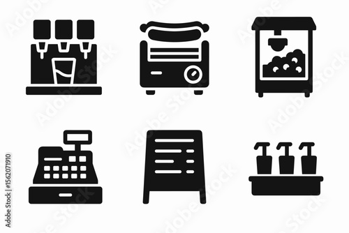 Food service icons: soda machine, hot dog griller, popcorn maker, cash register, menu board, condiment dispenser vector icon isolated illustration