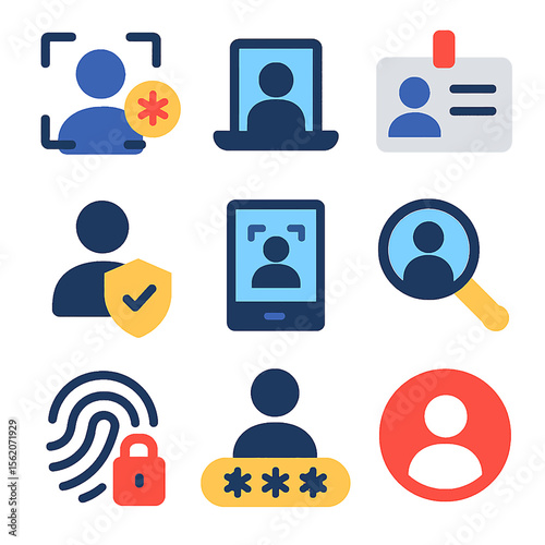 Identity verification icons set featuring face recognition, fingerprint scan, password security
