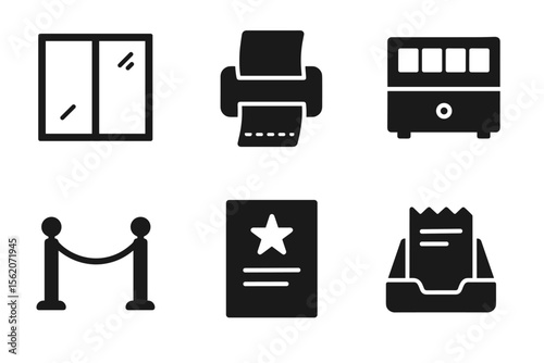 Set of office and ticket icons including printer, ticket booth, window, barrier rope, document, receipt holder vector icon isolated illustration