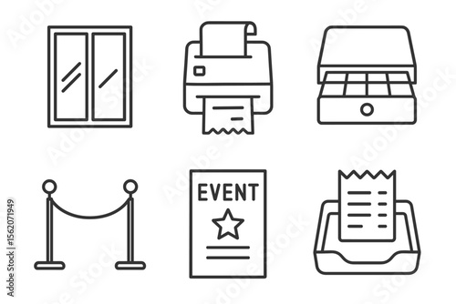 Office equipment and event icons: printer, paper, window, box, barrier, ticket vector icon isolated illustration