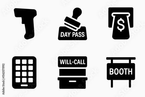 Six black and white icons: gun, day pass, money bag, tablet, will-call, booth sign vector icon isolated illustration