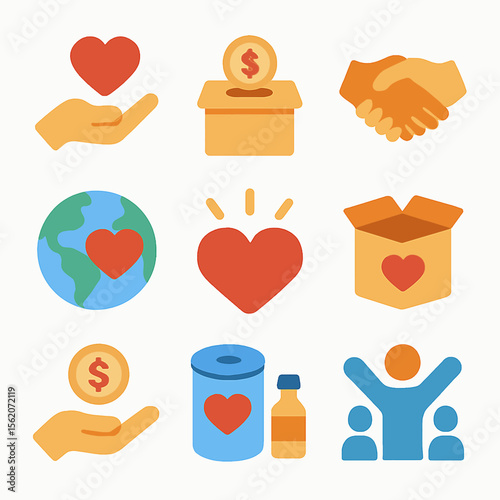 Illustration featuring charity and donation icons symbolizing humanitarian support and aid