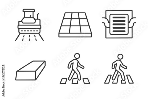 Paving icon set: asphalt, brick, grate, curb, pedestrian path symbols vector icon isolated illustration