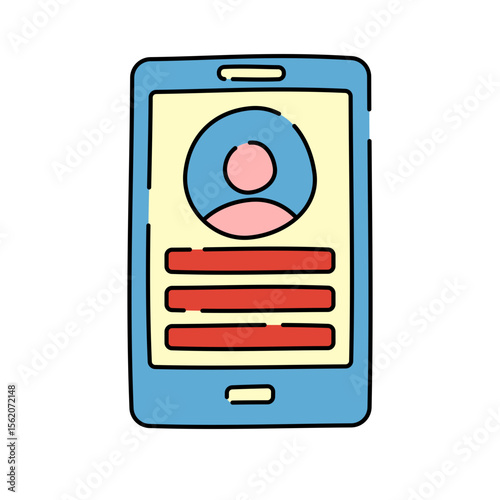 Profile Phone Doodle style, smartphone with profile card symbolizing digital identity, online resumes, and modern media professionals.