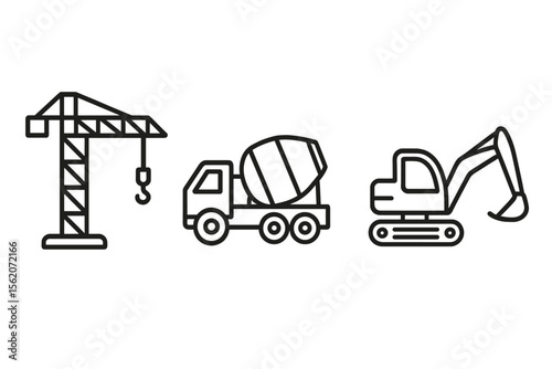 Construction icons: crane, cement truck, excavator vector icon isolated illustration
