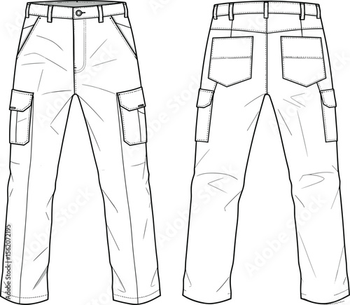 Cargo pants technical flat sketch, front and back view, fashion cad drawing, detailed vector illustration for garment design and development