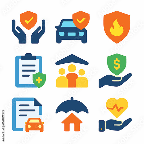Insurance coverage vector art featuring health, home, car, and property protection