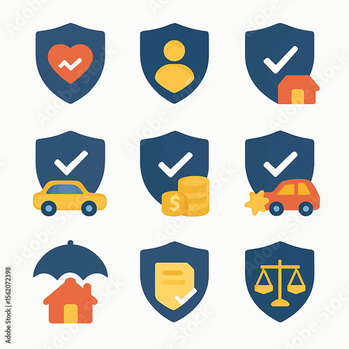 Insurance types vector icons showing property, health, car, and financial protection