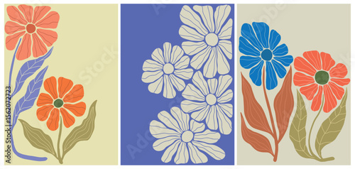 Mid Century Floral Frame Collection, Retro Daisy Flower Border Set, mid, century, modern, floral, frames, collection	