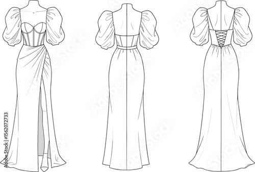Elegant evening dress, technical flat sketch, fashion cad drawing, long gown with puff sleeves, corset bodice, fashion vector illustration